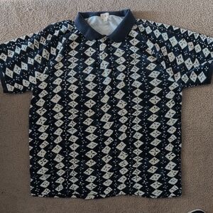 J. Crew Blue and White Terry Cloth Polo with Bold Geometric Pattern